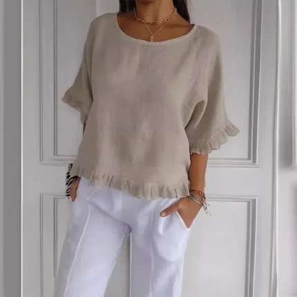 Summer Women Casual Solid Color Round Collar Cotton Linen Shirt Top - Image 3