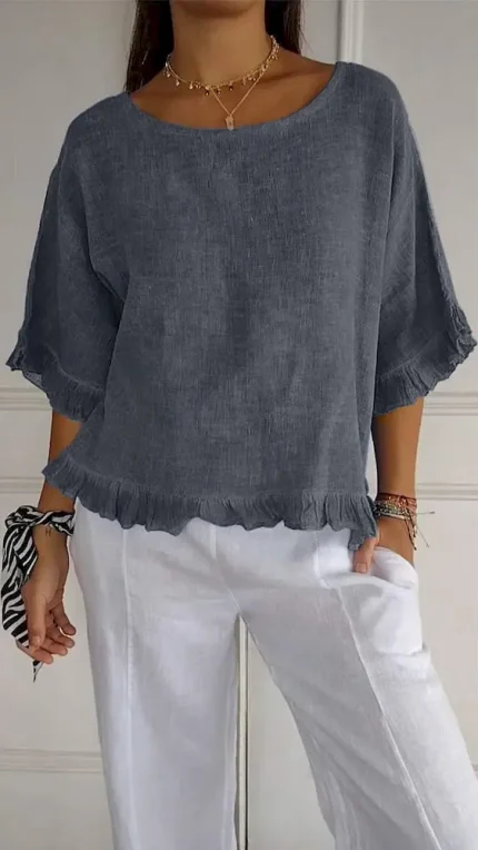 Summer Women Casual Solid Color Round Collar Cotton Linen Shirt Top - Image 7