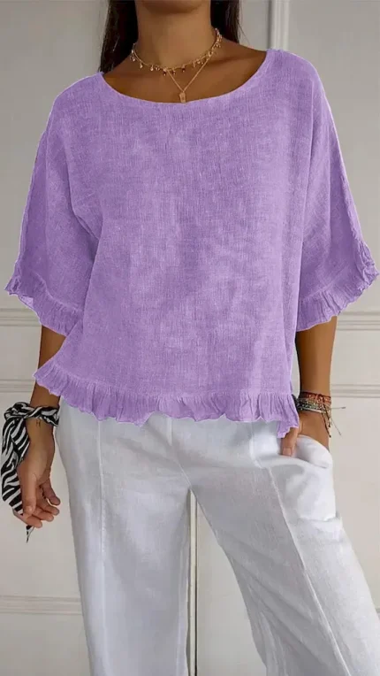 Summer Women Casual Solid Color Round Collar Cotton Linen Shirt Top - Image 8