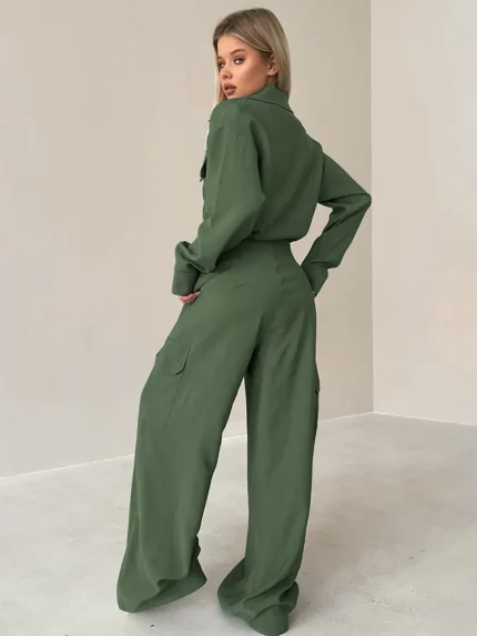 Women Fashion Casual Solid Color Lapel Long Sleeve Cargo Jumpsuits - Image 3