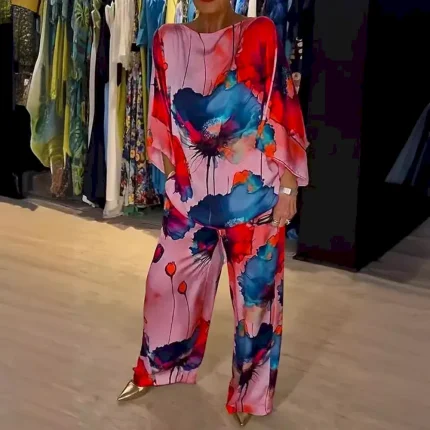 Women Fashion Loose Satin Floral Print Dolman Sleeve Top Wide Leg Pants Two-Piece Set - Image 4