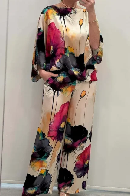 Women Fashion Loose Satin Floral Print Dolman Sleeve Top Wide Leg Pants Two-Piece Set - Image 8
