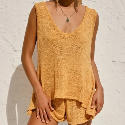 Summer Women Casual Knitted V-Neck Sleeveless Top Shorts Two-Piece Set - Image 3
