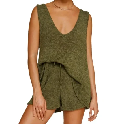 Summer Women Casual Knitted V-Neck Sleeveless Top Shorts Two-Piece Set - Image 5