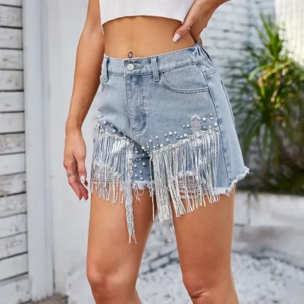 Summer Women Fashion Beaded Tassel Denim Shorts - Image 5