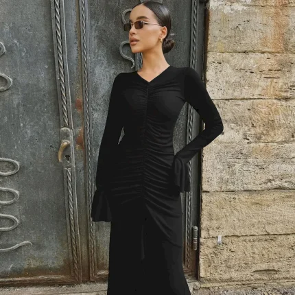 Women Fashion Solid Color V-Neck Creased Slim-Fit Horn Sleeve Maxi Dress - Image 3
