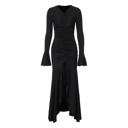 Women Fashion Solid Color V-Neck Creased Slim-Fit Horn Sleeve Maxi Dress - Image 4