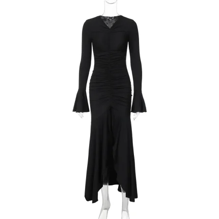 Women Fashion Solid Color V-Neck Creased Slim-Fit Horn Sleeve Maxi Dress - Image 5