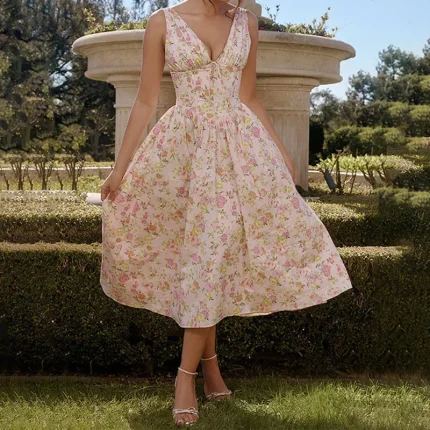 Women Fashion Sexy Solid Color Deep V Backless Sleeveless Dress - Image 3