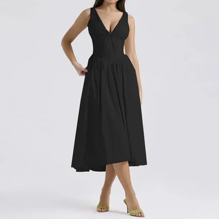 Women Fashion Sexy Solid Color Deep V Backless Sleeveless Dress - Image 4