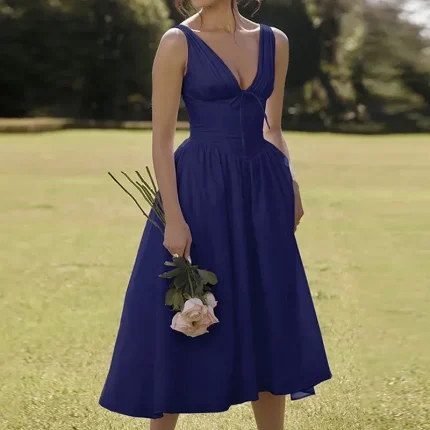 Women Fashion Sexy Solid Color Deep V Backless Sleeveless Dress - Image 5