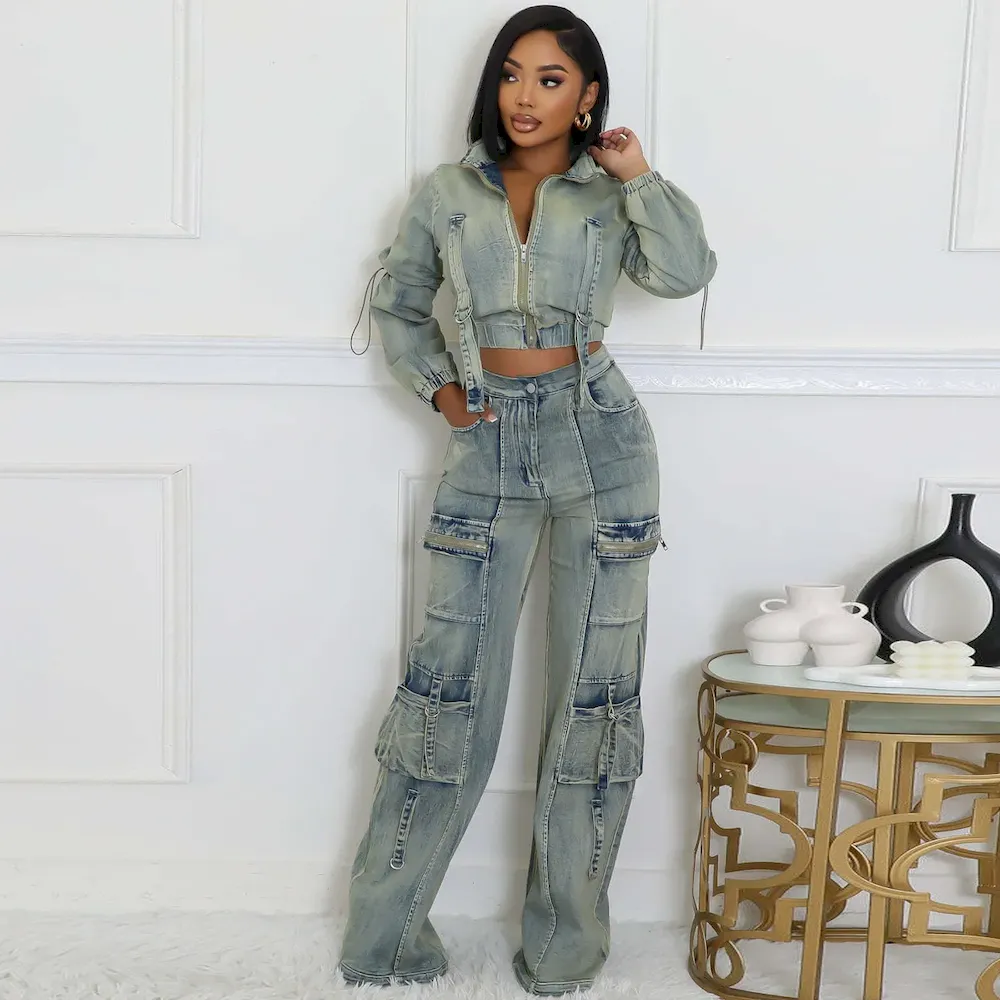 T103D10B594_30984.webp Women Fashion Multi-Pocket Washed Jacket And Jeans Two-Piece Set - Image 1