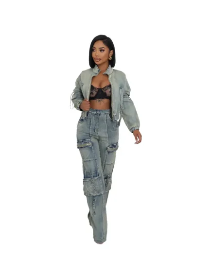 Women Fashion Multi-Pocket Washed Jacket And Jeans Two-Piece Set - Image 3
