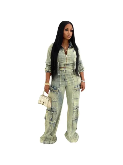 Women Fashion Multi-Pocket Washed Jacket And Jeans Two-Piece Set - Image 4