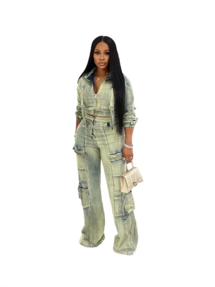 Women Fashion Multi-Pocket Washed Jacket And Jeans Two-Piece Set - Image 5