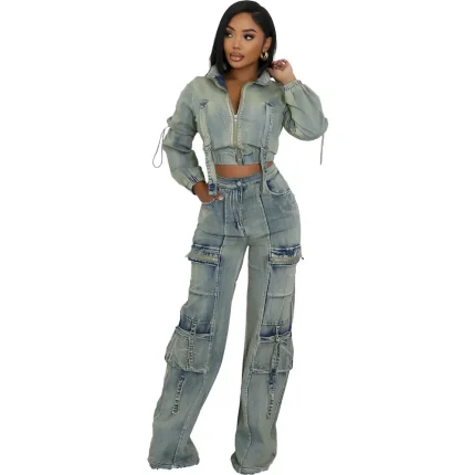 Women Fashion Multi-Pocket Washed Jacket And Jeans Two-Piece Set - Image 6