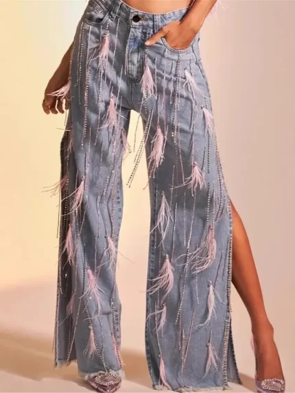 Women Fashion Feather Tassel Split Jeans - Image 3