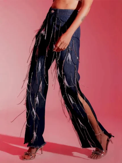 Women Fashion Feather Tassel Split Jeans - Image 4