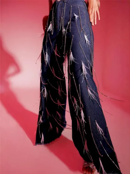 Women Fashion Feather Tassel Split Jeans - Image 5