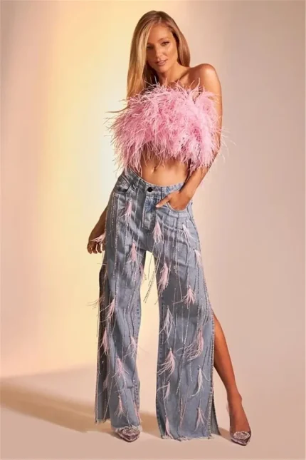 Women Fashion Feather Tassel Split Jeans - Image 6