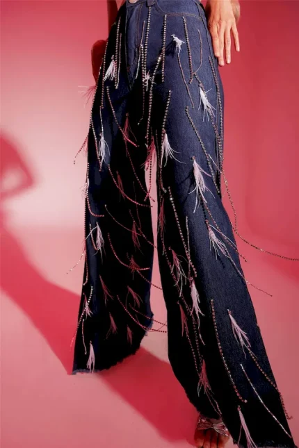 Women Fashion Feather Tassel Split Jeans - Image 7