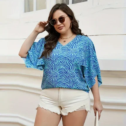 Women Fashion Casual Plus Size Wave Print V-Neck Pleated Sleeve T-Shirt - Image 5