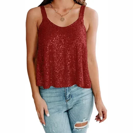 Women Fashion Casual Solid Color Sequin Sleeveless Tank Top - Image 3