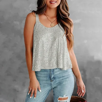 Women Fashion Casual Solid Color Sequin Sleeveless Tank Top - Image 5