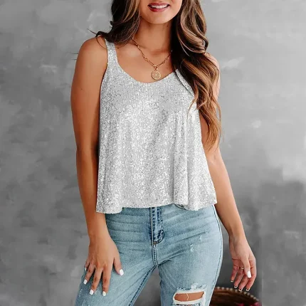 Women Fashion Casual Solid Color Sequin Sleeveless Tank Top - Image 7