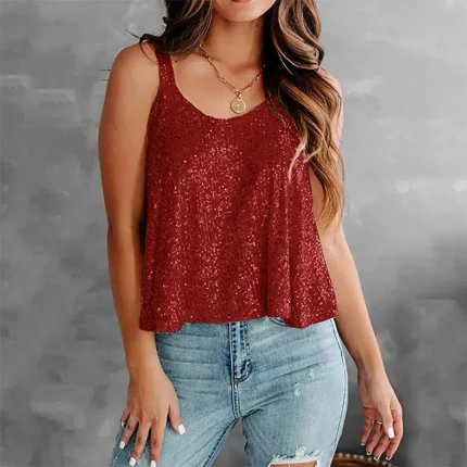 Women Fashion Casual Solid Color Sequin Sleeveless Tank Top - Image 8