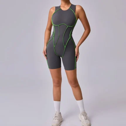 Women Fashion Color Contrast Tight Sleeveless Elastic Sports Yoga Rompers - Image 6