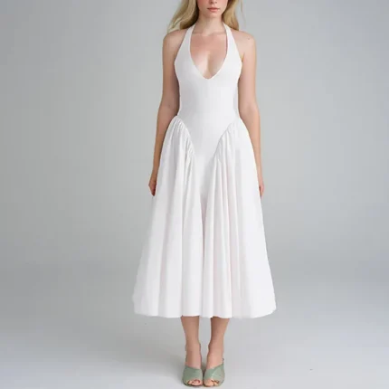 Women Fashion Sexy Elegant Solid Color V-Neck Halter-Neck Lace-Up High Waist Dress - Image 4