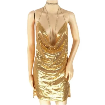 Women Fashion Sexy Sparkling Beading Low-Cut Strap Backless Dress - Image 3