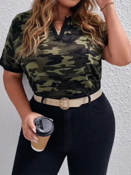 Women Casual Camouflage Plus Size V-Neck Short-Sleeve T-Shirt - Image 3