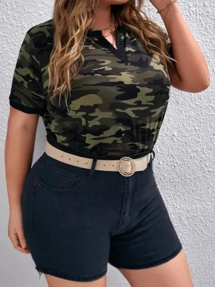 Women Casual Camouflage Plus Size V-Neck Short-Sleeve T-Shirt - Image 4