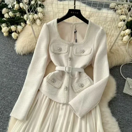 Women Fashion Elegant Stitching Square Neck Long-Sleeve Dress - Image 3
