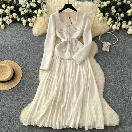 Women Fashion Elegant Stitching Square Neck Long-Sleeve Dress - Image 5