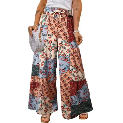 Women Casual Vacation Floral Printed Loose Drawstring Pants - Image 3