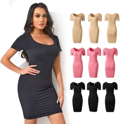 Women Fashion Solid Color Seamless Short-Sleeve Dress - Image 5