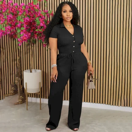 Women Casual Solid Color Pleated Lapel V-Neck Short-Sleeve T-Shirt Loose Pants Two-Piece Set