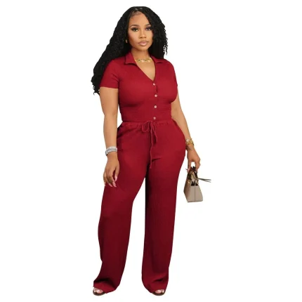 Women Casual Solid Color Pleated Lapel V-Neck Short-Sleeve T-Shirt Loose Pants Two-Piece Set - Image 5