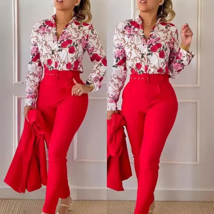 Women Fashion Casual Floral Printed Lapel Long-Sleeve Blouse Slim Fit Pants Two-Piece Pants - Image 3