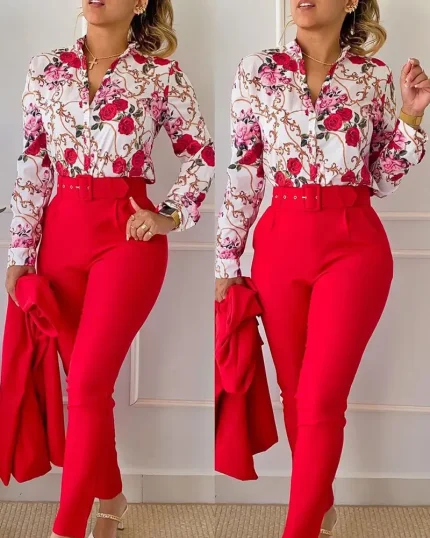 Women Fashion Casual Floral Printed Lapel Long-Sleeve Blouse Slim Fit Pants Two-Piece Pants - Image 4