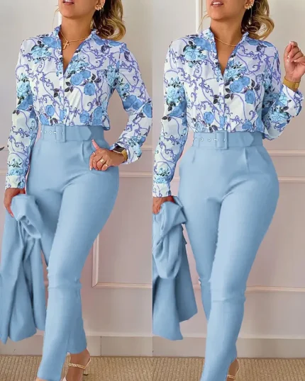 Women Fashion Casual Floral Printed Lapel Long-Sleeve Blouse Slim Fit Pants Two-Piece Pants - Image 6