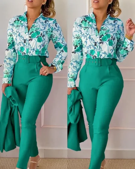 Women Fashion Casual Floral Printed Lapel Long-Sleeve Blouse Slim Fit Pants Two-Piece Pants - Image 7