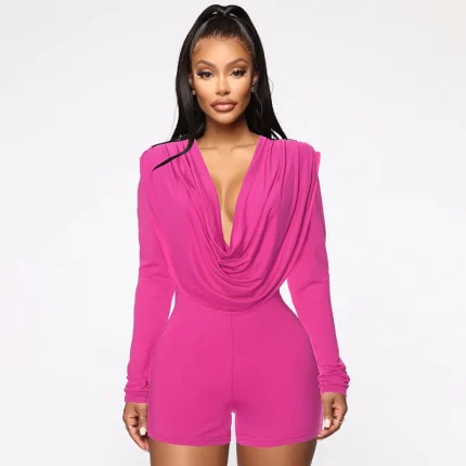 Women Fashion Sexy Pleated Collar Long-Sleeve Slim Fit Rompers - Image 3
