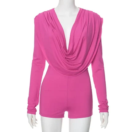 Women Fashion Sexy Pleated Collar Long-Sleeve Slim Fit Rompers - Image 5