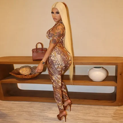 Women Fashion Sexy Printed Round-Neck One Handed Long Sleeve Slim-Fit Jumpsuits - Image 3