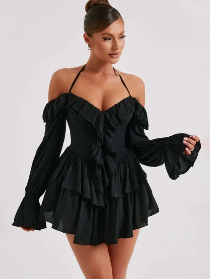 Women Sexy Solid Color Ruffle Neck Long Sleeve Rompers - Image 3
