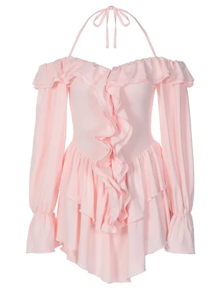 Women Sexy Solid Color Ruffle Neck Long Sleeve Rompers - Image 5